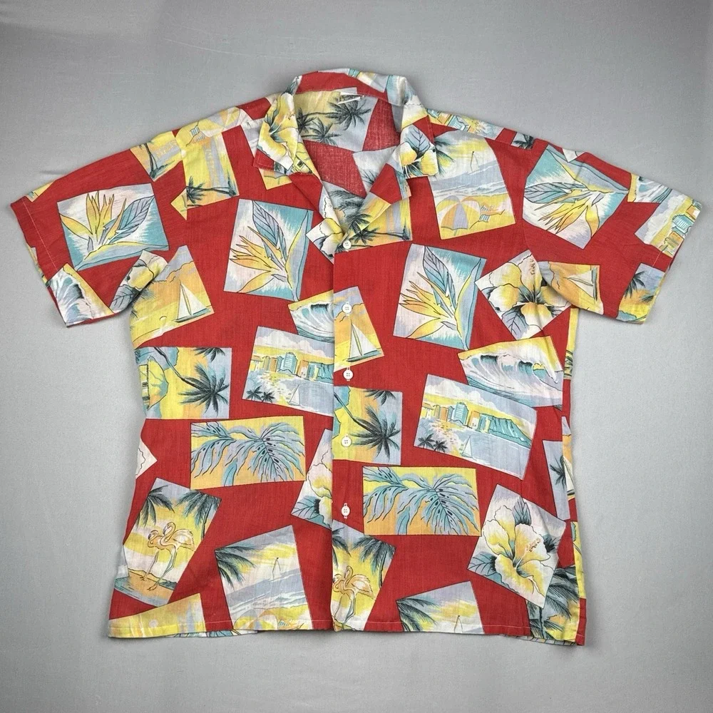 Vintage Oceanaire Hawaiian Shirt Mens Medium Floral Tropical Made in USA Red M